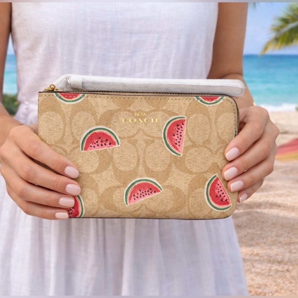 COACH Signature Canvas Watermelon Wristlet in Khaki - NWT